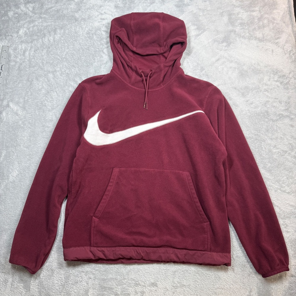 Nike Fleece Hoodie Mens M Burgundy Big Swoosh Pullover Sportswear Y2K